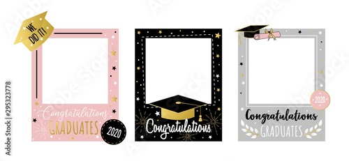 Happy congratulating graduates photo booth set vector illustration. Colorful 2020 frame set with joyful phrase we did it with golden font inscription. End of school concept