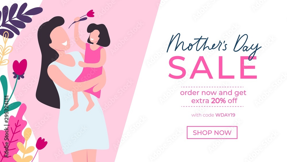 Mothers day greeting card and sale banner vector illustration. Website or webpage template in pink color and flower symbols. Shopping online with buy code and 20 present discount Mothers day greeting card and sale banner vector illustration. Website or webpage template in pink color and flower symbols. Shopping online with buy code and 20 present discount