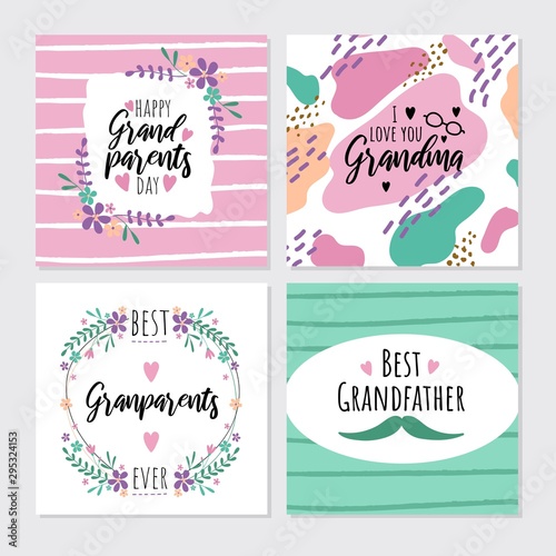 Happy grandparents day greeting cards set vector illustration. Colorful poster I love you grandma  best grandpa decorated by heart and flowers. Holiday card with wishes for relatives