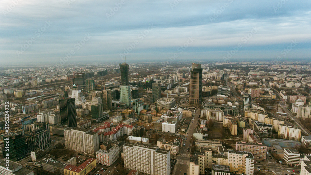 Aerial view of the cityscape with skyscrapers and buildings in the business center of Warsaw. Poland. 10. March. 2019.  Skyscrapers in the center of the financial district of Warsaw in the daytime.