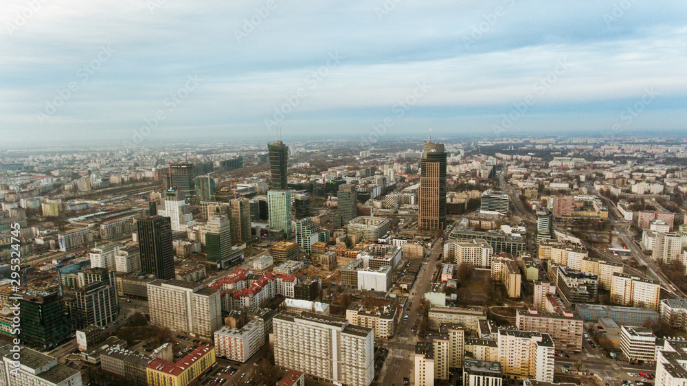 Warsaw. Poland skyscrapers from above. 19. May. 2019.  Incredible views of modern skyscrapers and buildings in the business center of Warsaw. Futuristic skyline.