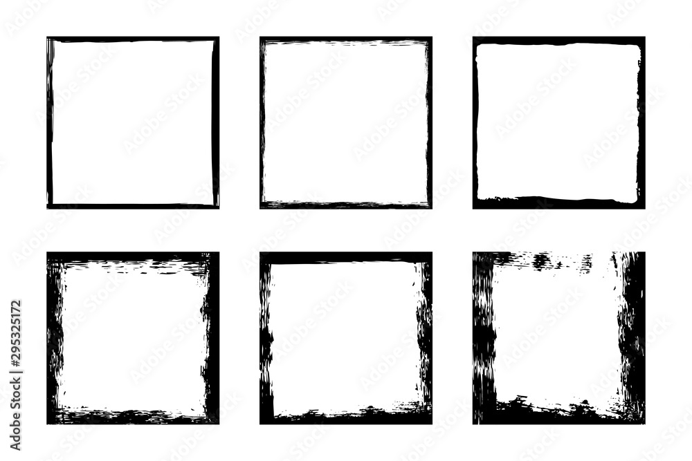 Vector illustration. Set of frames in grunge style. Dirty frame with a splash of black paint. Transparent background. Design elements for banner, poster, flyer, invitation, card, social networks.