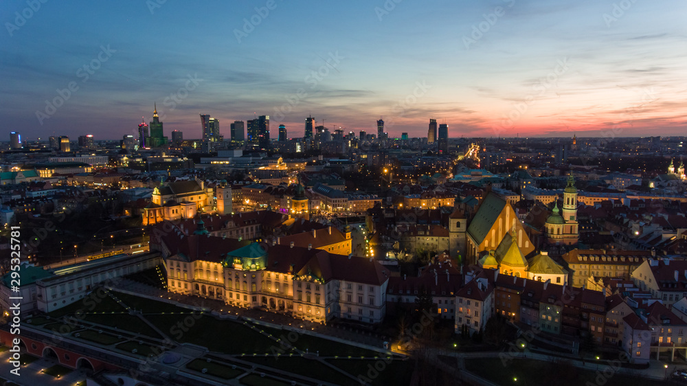 Aerial view of old buildings, castles and a church in the old city of Warsaw.  Cityscape of old buildings and architecture in the old town in Warsaw.
