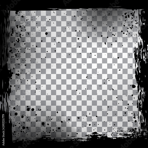Vector illustration in grunge style. Dirty frame with a splash of black paint. Transparent background. Design elements for banner, poster, flyer, invitation, card, social networks. Dark overlay