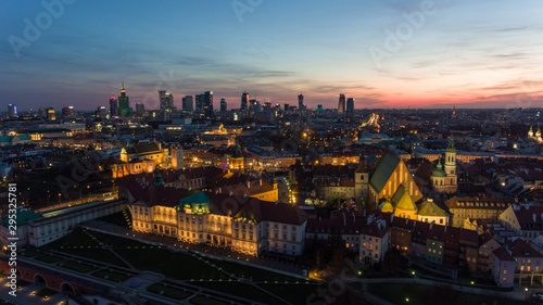Aerial view of old buildings, castles and a church in the old city of Warsaw. Cityscape of old buildings and architecture in the old town in Warsaw.