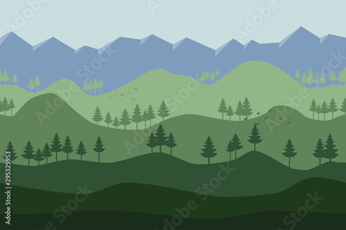 Seamless horizontal vector illustration. Minimalistic concept. Flat style background. Pine forest. Panorama. Mountains and slopes. Template for games or website. Green wallpaper. Ecological concept.