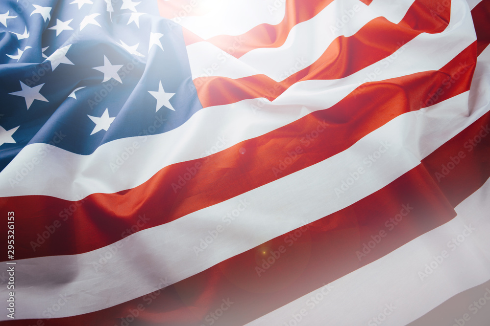 Flag of the United States of America closeup. Symbol of freedom and democracy. Independence day. American flag waving in the wind. - obrazy, fototapety, plakaty 