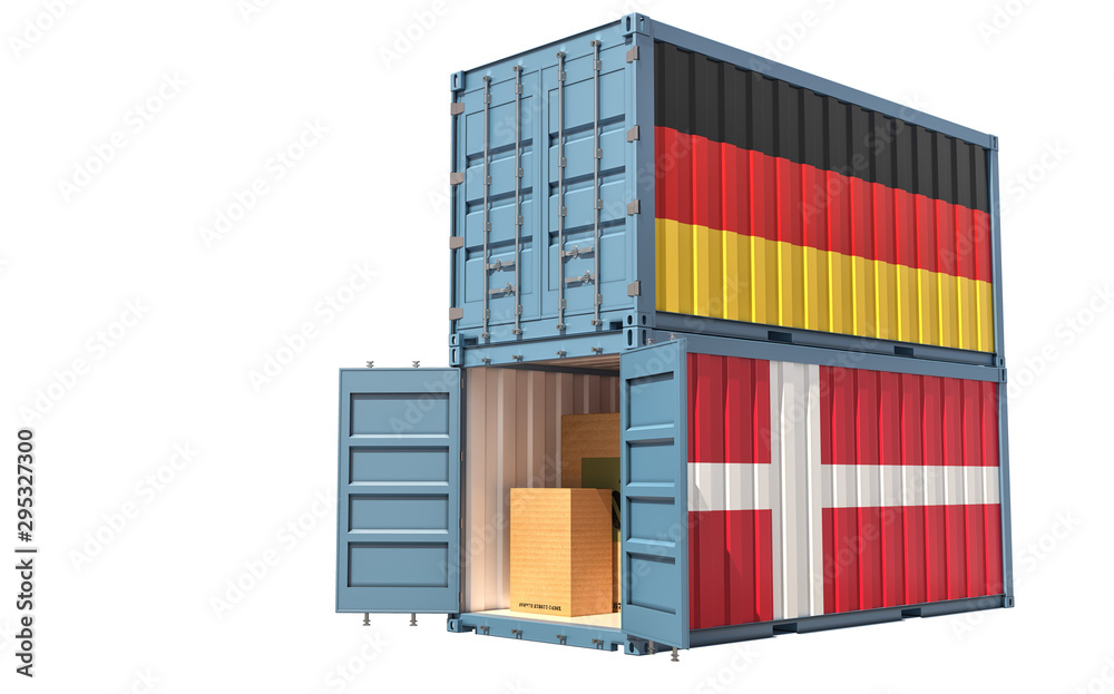 Fototapeta premium Two freight container with German and Denmark flag. Isolated on white - 3D Rendering