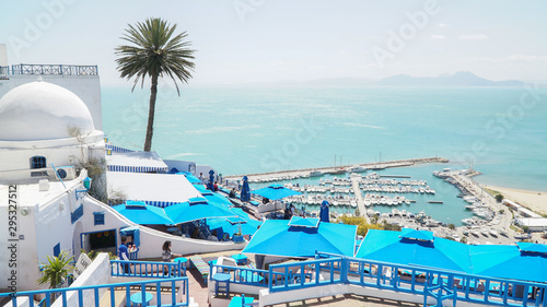 Blue and White painted houses and buildings in the old town of Sidi Boussaid, Tunisia, North Africa. 