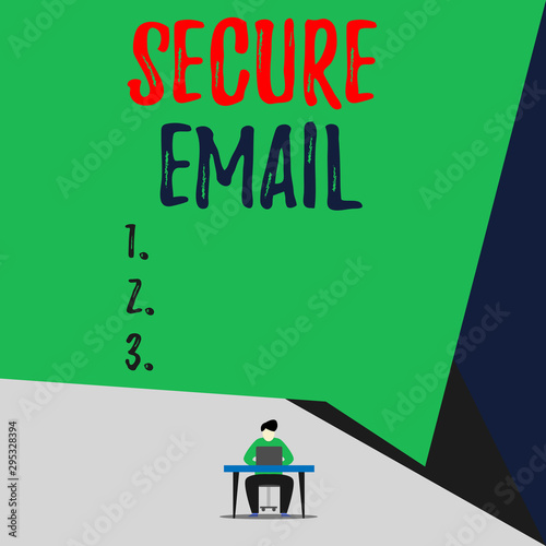 Handwriting text Secure Email. Conceptual photo protect the email content from being read by unwanted entities View young man sitting chair desk working open laptop geometric background
