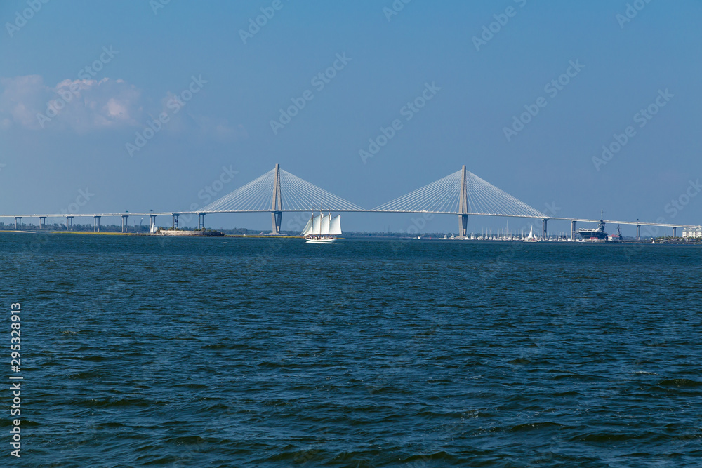 Tourist Sail Boat in Charleston Harbor with Cooper River Bridge in BG
