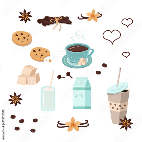 Set of coffee elements - coffee Beans, cookies, Cup of coffee, vanilla, cinnamon, coffee beans, milk, sugar