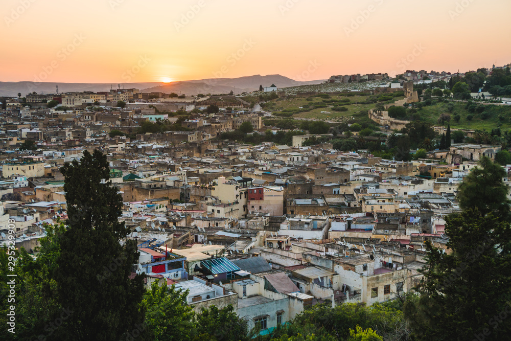 Panoramic scenic view of the city of Medina Fes in Morocco at sunset