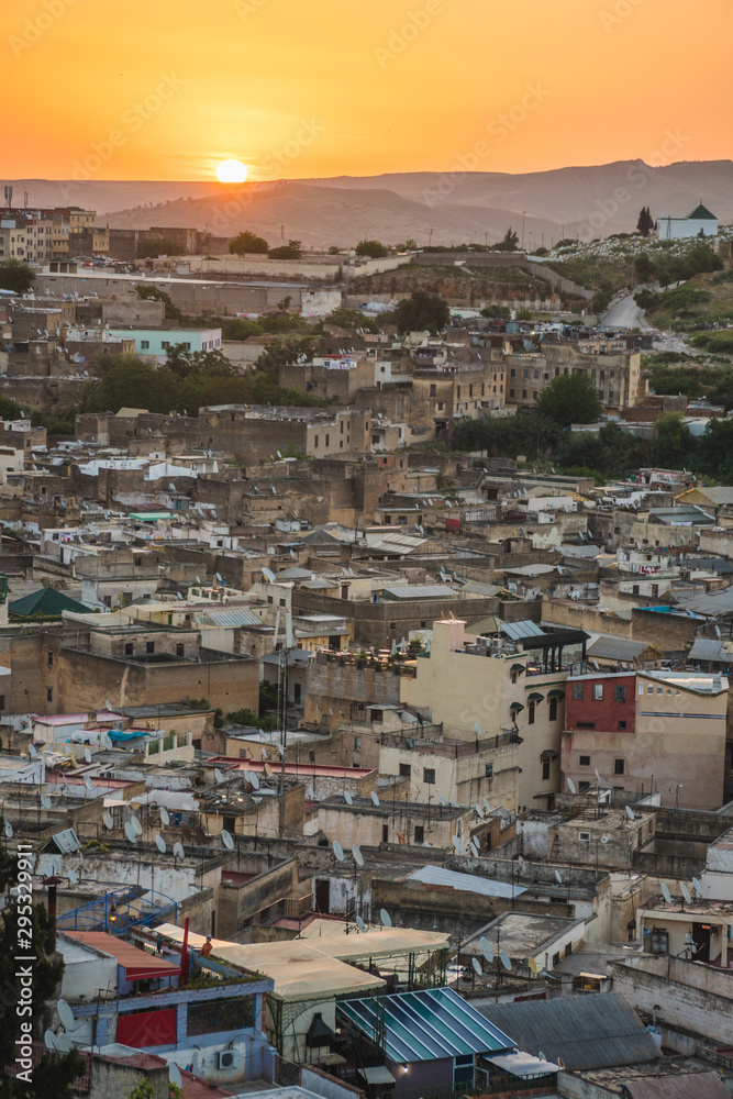 Panoramic scenic view of the city of Medina Fes in Morocco at sunset Panoramic scenic view of the city of Medina Fes in Morocco at sunset