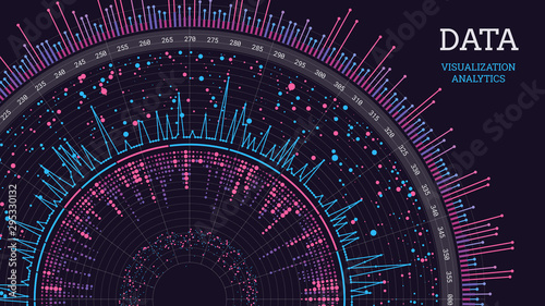 Big data visualization. Radial scatter plot. Beauty of data. Infographics design. Analytics concept background.