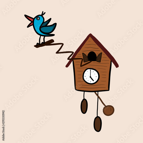 Cartoon cuckoo clock. Hand drawn funny doodle illustration of a bird emerging from old clock house. Isolated vector.