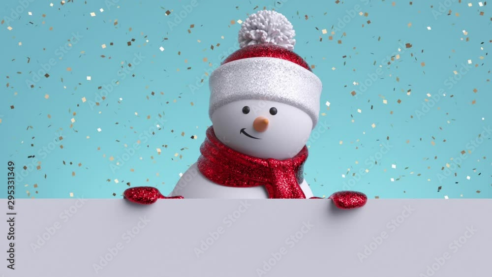 3d Snowman Looking Out The Wall Holding Blank Banner Blinking And Smiling Gold Confetti