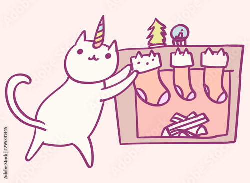 Cute cartoon character cat unicorn doing Christmas preparations, funny vector illustration. T-shirt card print graphic art. photo