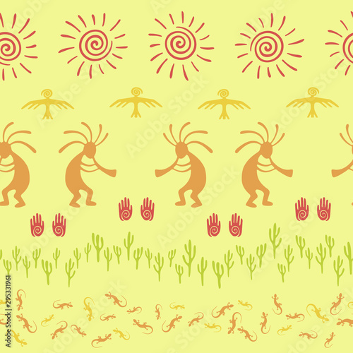 Mythical  design with gecko  Kokopelli fertility god  sun  bird  cacti.