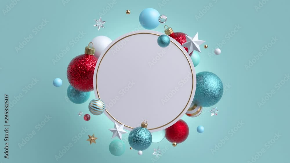3d Christmas background with ornaments. Flying decorative glass balls. Rotating frame, blank round banner with copy space.