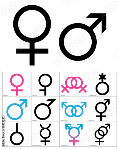 Gender Symbols, linear black, blue and pink colour icons of gender symbols. Male, female and transgender symbols. Vector illustration.
