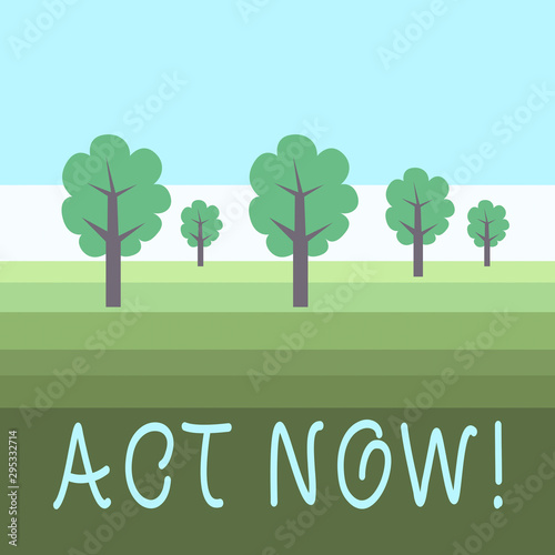 Writing note showing Act Now. Business concept for fulfil the function or serve the purpose of Take action Do something Outdoor Landscape Nature Wooded Area Verdant Grass Blue Unclouded Skies