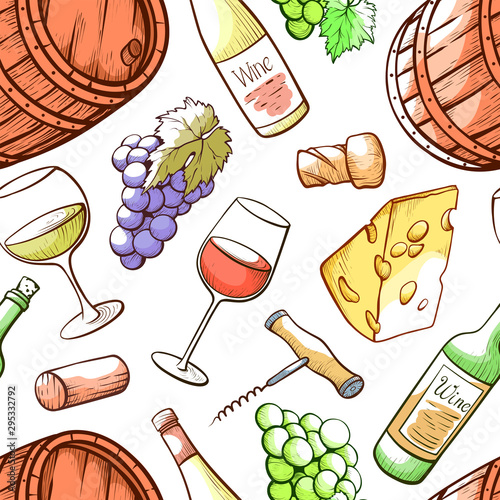 Wine hand drawn vector color seamless pattern