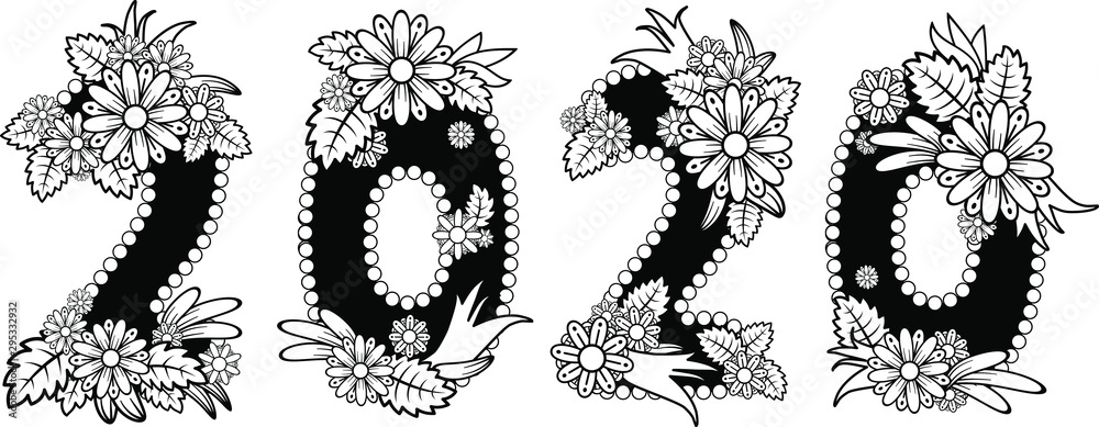 Vector illustration doodle patterned number 2020 tangled mandalas and words Happy New Year. Handwritten font 2020 for decorate calendar, banner, poster, invitation, new year card, adult coloring book Vector illustration doodle patterned number 2020 tangled mandalas and words Happy New Year. Handwritten font 2020 for decorate calendar, banner, poster, invitation, new year card, adult coloring book