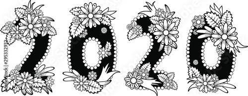 Vector illustration doodle patterned number 2020 tangled mandalas and words Happy New Year. Handwritten font 2020 for decorate calendar, banner, poster, invitation, new year card, adult coloring book