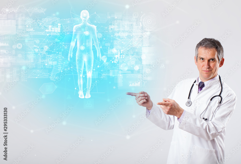 Middle aged scientist with full body map concept