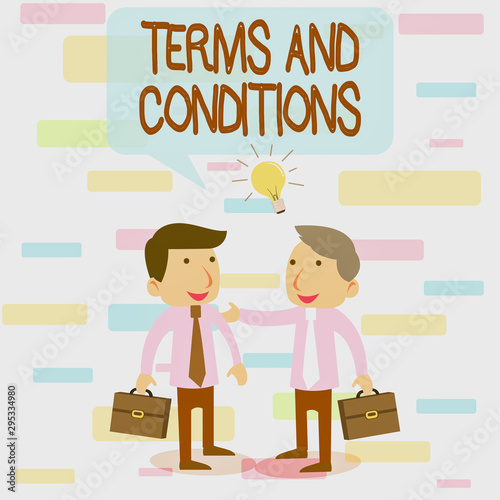 Writing note showing Terms And Conditions. Business concept for rules that apply to fulfilling a particular contract Two White Businessmen Colleagues with Brief Cases Sharing Idea Solution