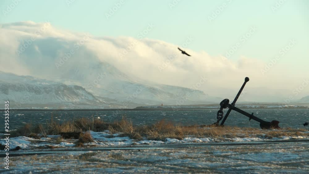 Ravens flying next to ocean mountains near ship anchor Reykjavik Iceland winter day.mov Ravens flying next to ocean mountains near ship anchor Reykjavik Iceland winter day.mov