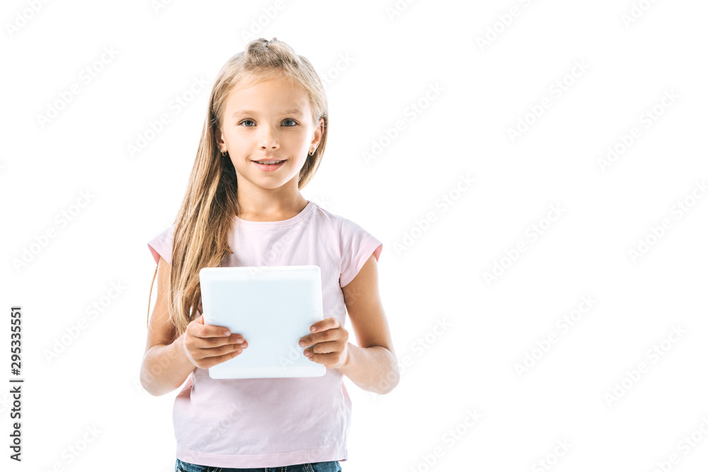 cheerful kid holding digital tablet isolated on white cheerful kid holding digital tablet isolated on white