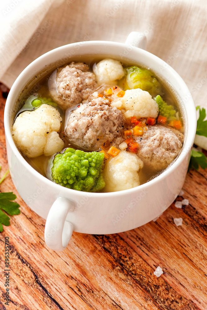 Hot thick soup with meatballs and cabbage mix. Hot thick soup with meatballs and cabbage mix.