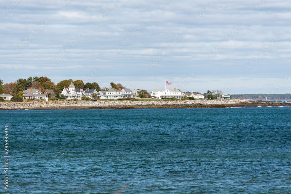 Historic residence buildings at coast at Rye Harbor State Park in Rye, New Hampshire, USA.