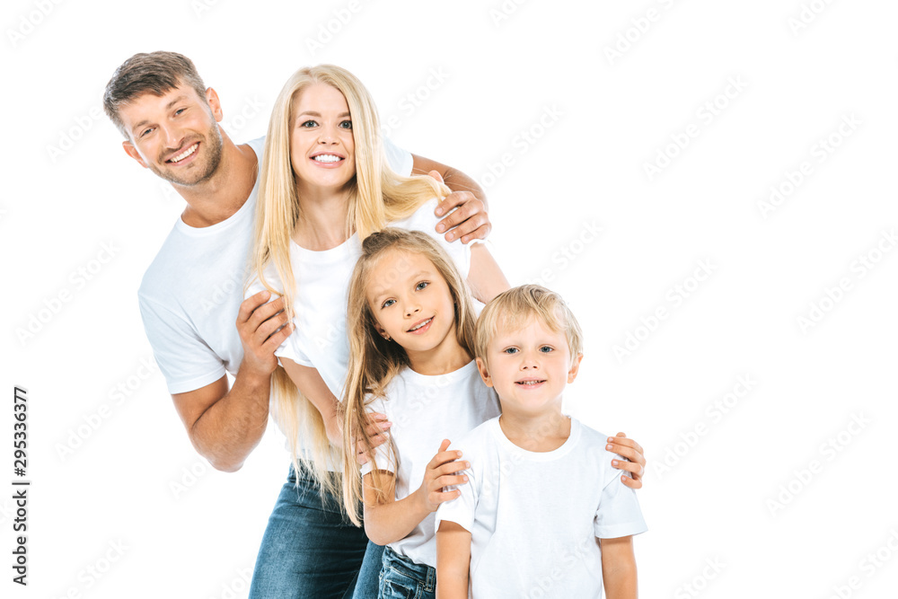 positive family in white t-shirts isolated on white positive family in white t-shirts isolated on white