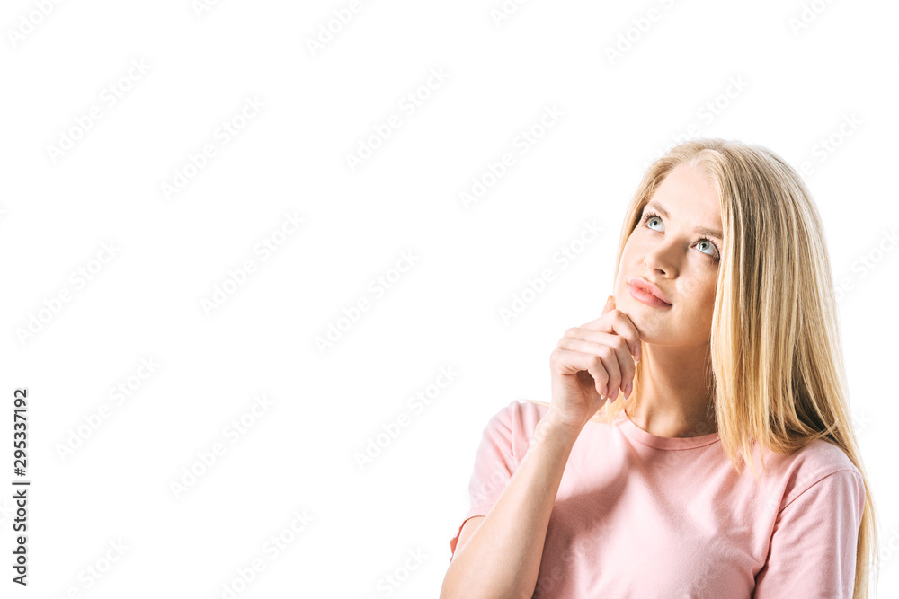 dreamy woman touching face while thinking isolated on white dreamy woman touching face while thinking isolated on white