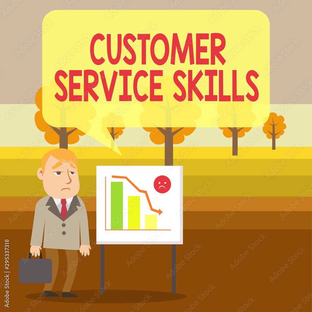 Conceptual hand writing showing Customer Service Skills. Concept meaning Aptitude to master to improve dealings with client Businessman with Brief Case Standing Whiteboard Bar Chart Conceptual hand writing showing Customer Service Skills. Concept meaning Aptitude to master to improve dealings with client Businessman with Brief Case Standing Whiteboard Bar Chart