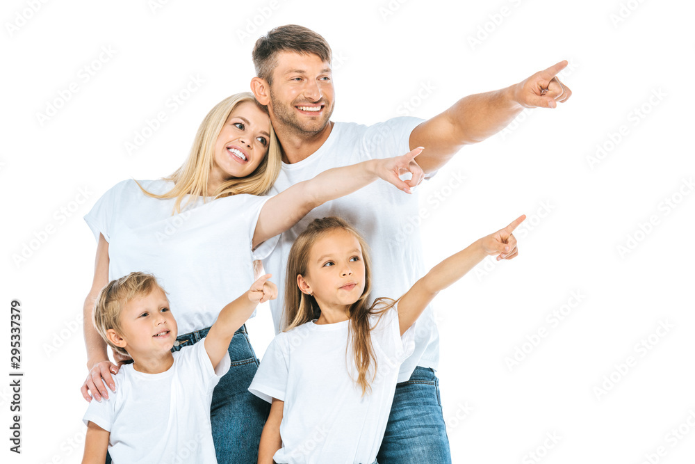 cheerful family pointing with fingers isolated on white cheerful family pointing with fingers isolated on white