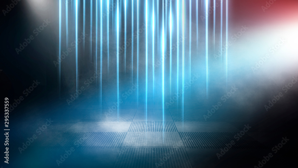 Background of empty room, street, neon light, smoke, fog, concrete floor. An empty dark scene with rays. Reflection. Background of empty room, street, neon light, smoke, fog, concrete floor. An empty dark scene with rays. Reflection.