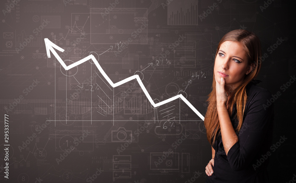 Young person standing with increasing graph concept Young person standing with increasing graph concept