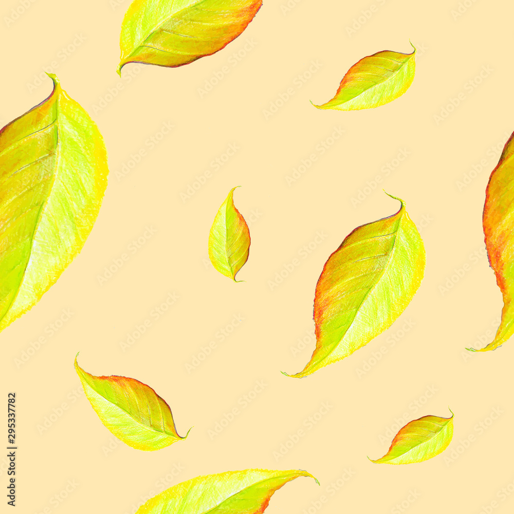 Fototapeta premium Seamless autumn pattern, autumn leaf fall, yellowed leaves, colored pencil drawing on paper