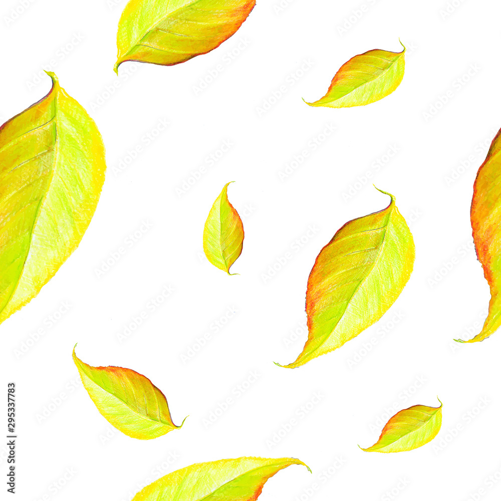 Seamless autumn pattern, autumn leaf fall, yellowed leaves, colored pencil drawing on paper