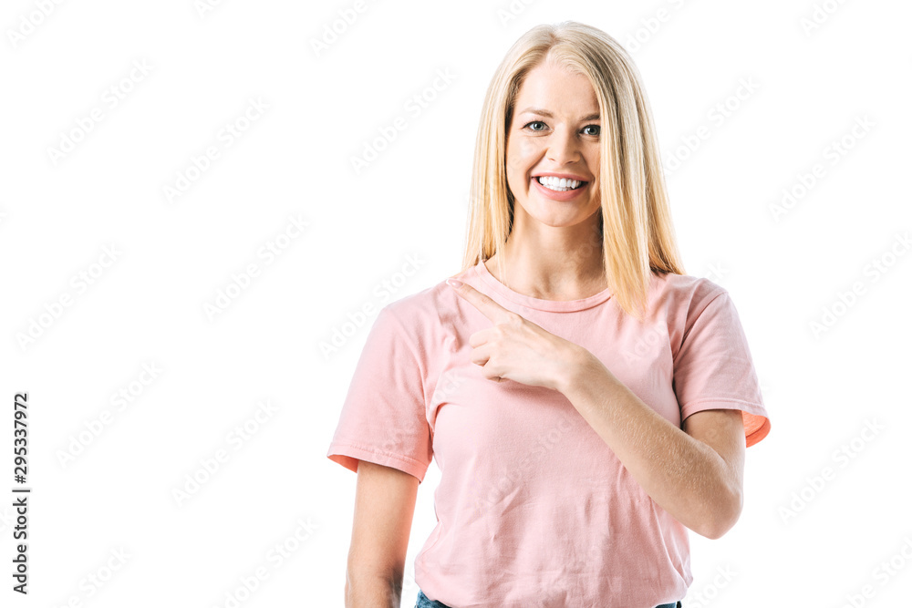 happy woman pointing with finger isolated on white happy woman pointing with finger isolated on white