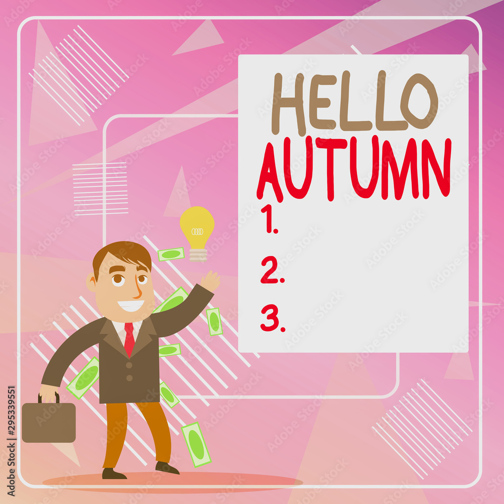 Word writing text Hello Autumn. Business photo showcasing it is the season after summer, when leaves fall from trees Successful Businessman or Clerk Generating Good Idea or Finding Solution Word writing text Hello Autumn. Business photo showcasing it is the season after summer, when leaves fall from trees Successful Businessman or Clerk Generating Good Idea or Finding Solution