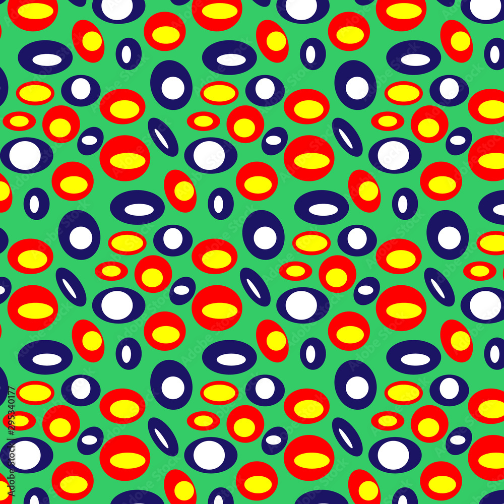 Abstract pattern of yellow, red, white, dark blue circles on a light green background. pattern. Vector
