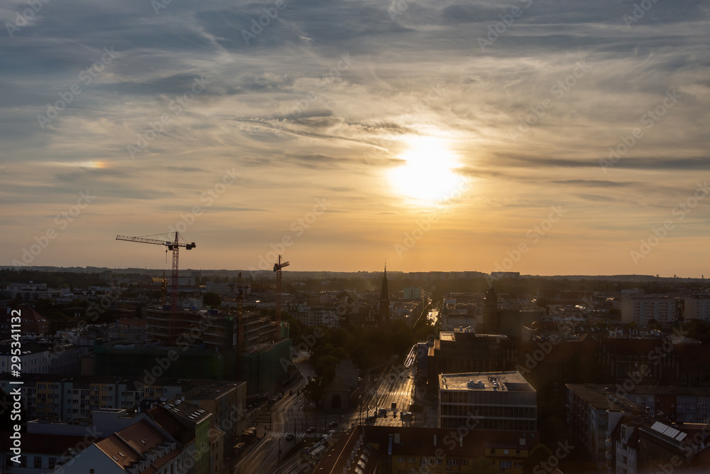 The setting sun over Szczecin. Summer time