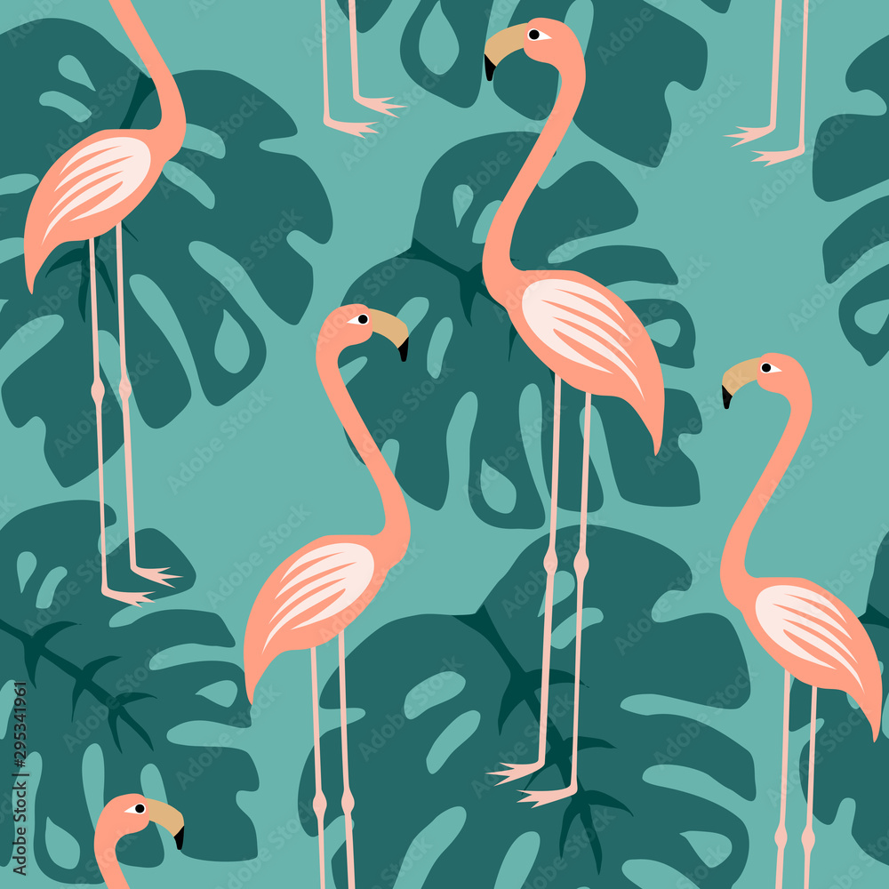 Obraz premium Pink Flamingo Seamless Pattern Bacground, Tropical Flamingo Surface Pattern, Repeat Pattern for Home Decor, Textile Design, Fabric Printing, Stationary, Packaging, Wall paper or Wrapping Paper