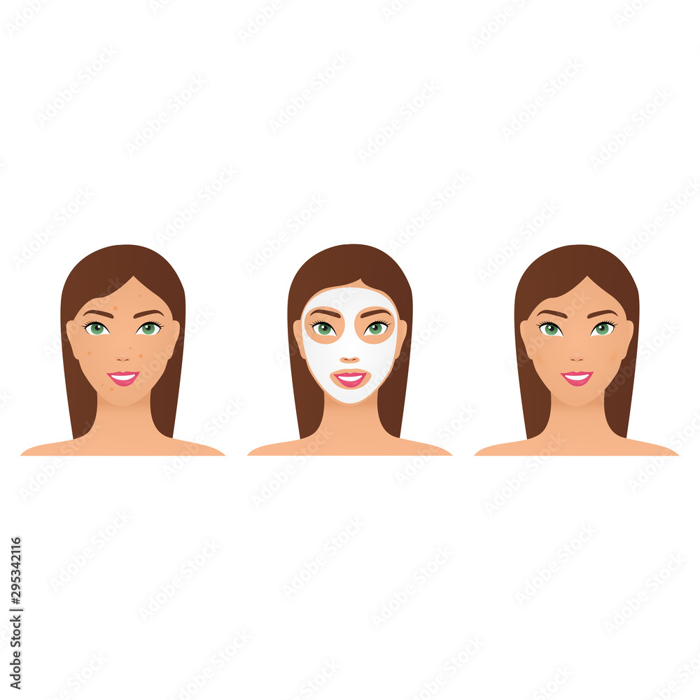 Woman with a cosmetic face mask. Smiling girl portrait. illustrations of young beautiful woman cleaning skin, making mask, applying cream. Concepts for face care. Isolated on white background Woman with a cosmetic face mask. Smiling girl portrait. illustrations of young beautiful woman cleaning skin, making mask, applying cream. Concepts for face care. Isolated on white background