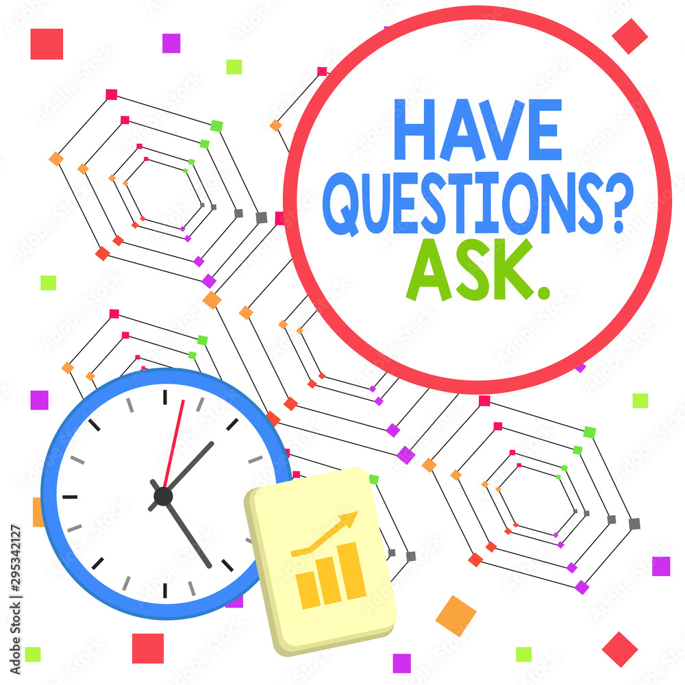 Fototapeta premium Handwriting text Have Questions Question Ask. Conceptual photo asking someone respond you with feedback Layout Wall Clock Notepad with Escalating Bar Graph and Arrow Pointing Up
